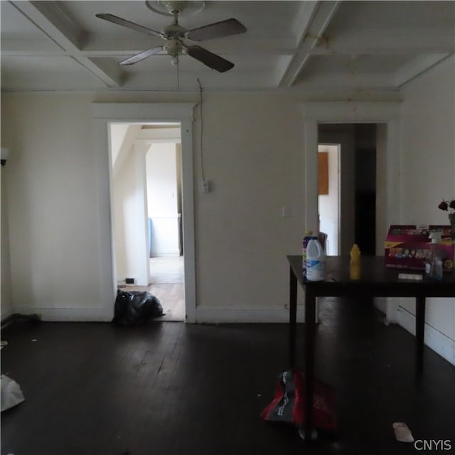 interior space featuring coffered ceiling, beam ceiling, ceiling fan, and dark wood-type flooring