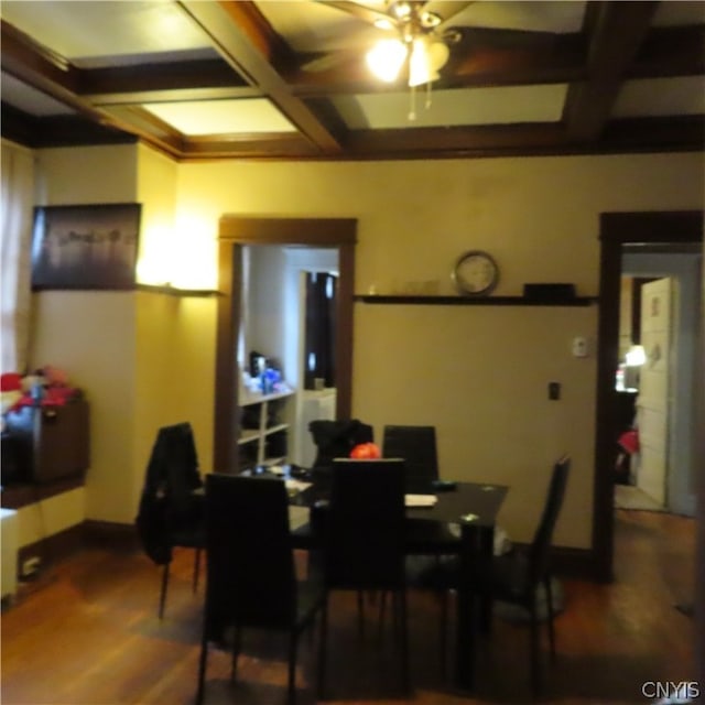 dining space featuring coffered ceiling, beam ceiling, ceiling fan, and dark hardwood / wood-style flooring