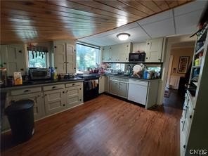 kitchen with white dishwasher, dark wood-type flooring, and white cabinets