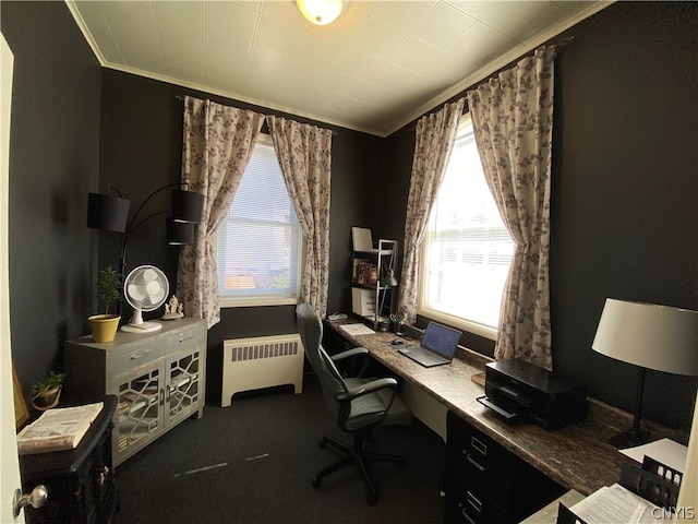 carpeted office featuring ornamental molding and radiator