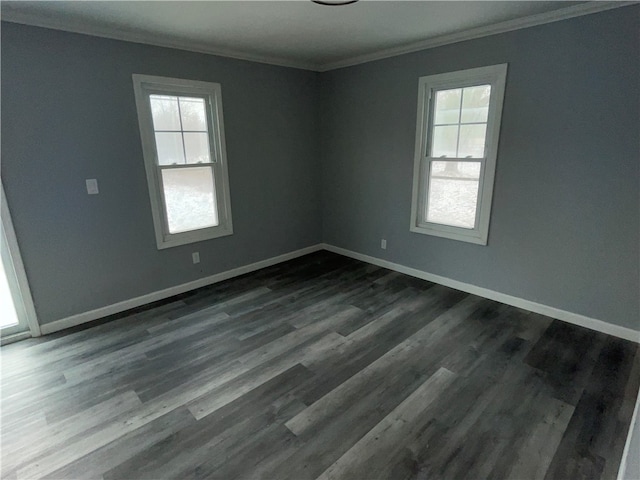 spare room with dark hardwood / wood-style flooring, a wealth of natural light, and ornamental molding