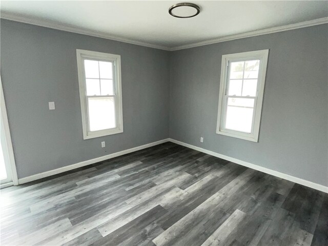 unfurnished room featuring plenty of natural light, crown molding, and dark wood-type flooring