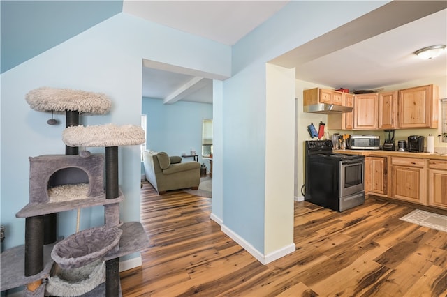 kitchen with light brown cabinets, electric range oven, and dark hardwood / wood-style floors