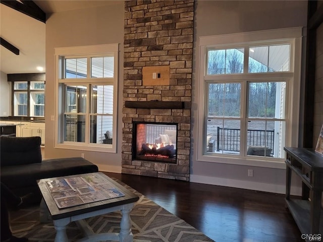 living room with a fireplace and dark hardwood / wood-style flooring