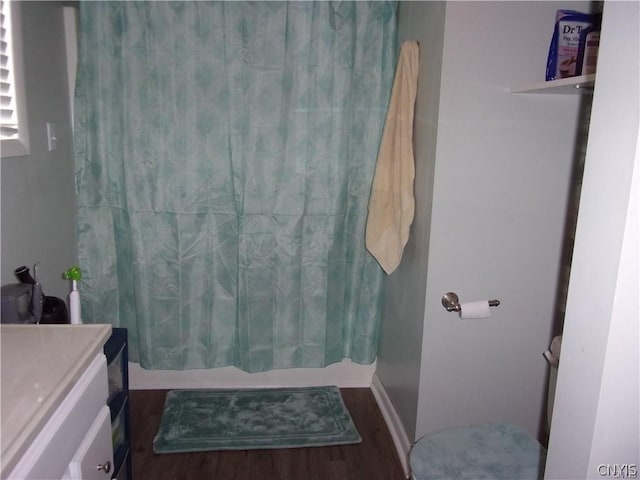 bathroom featuring vanity and hardwood / wood-style floors