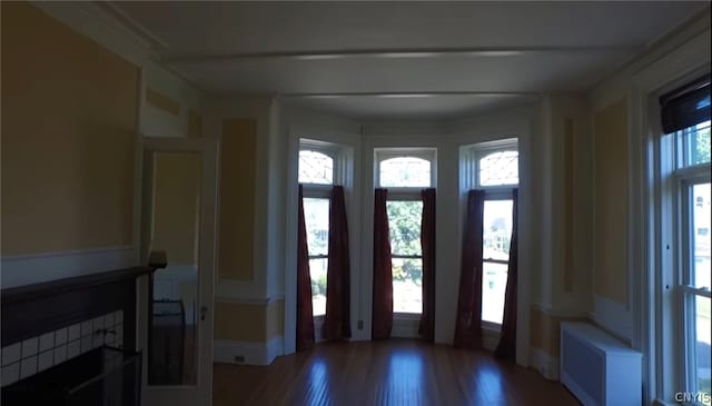 entrance foyer with dark hardwood / wood-style floors and a tiled fireplace