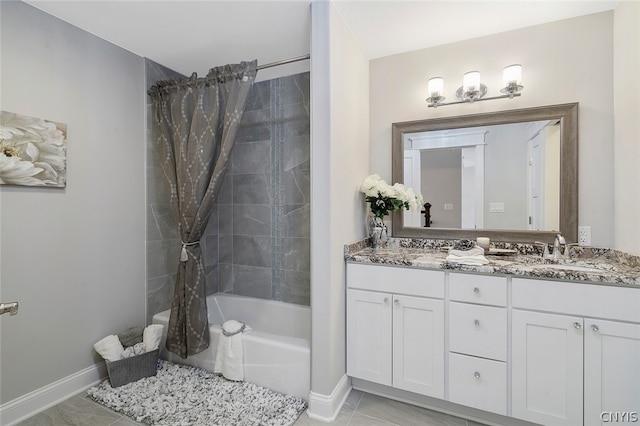 bathroom featuring shower / bathtub combination with curtain, tile floors, and oversized vanity