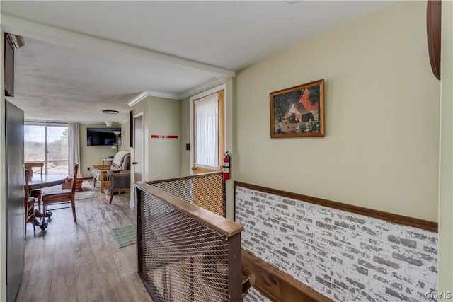 hall with crown molding and light wood-type flooring