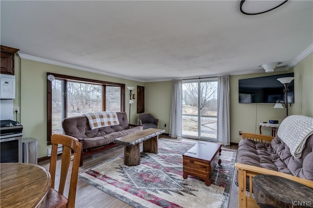 living room featuring light hardwood / wood-style flooring and ornamental molding