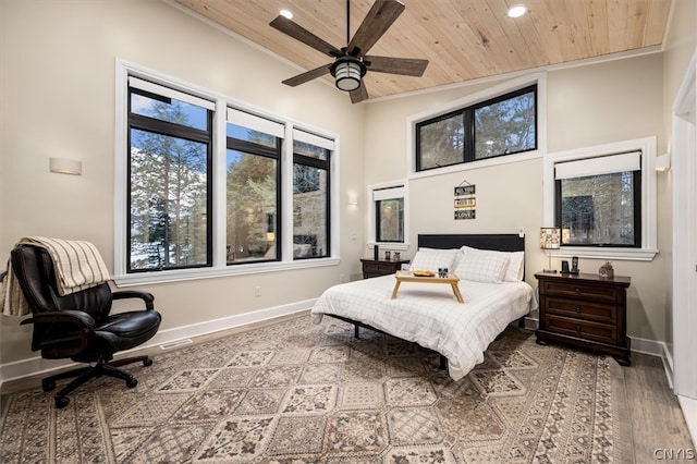 bedroom with high vaulted ceiling, ceiling fan, wood-type flooring, wooden ceiling, and crown molding