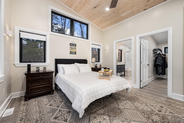 bedroom featuring ceiling fan, dark wood-type flooring, wood ceiling, ensuite bath, and lofted ceiling