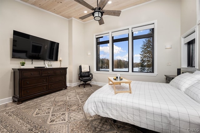 bedroom with light wood-type flooring, ceiling fan, and wooden ceiling