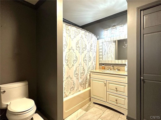 full bathroom featuring tile patterned flooring, crown molding, shower / bath combination with curtain, toilet, and vanity