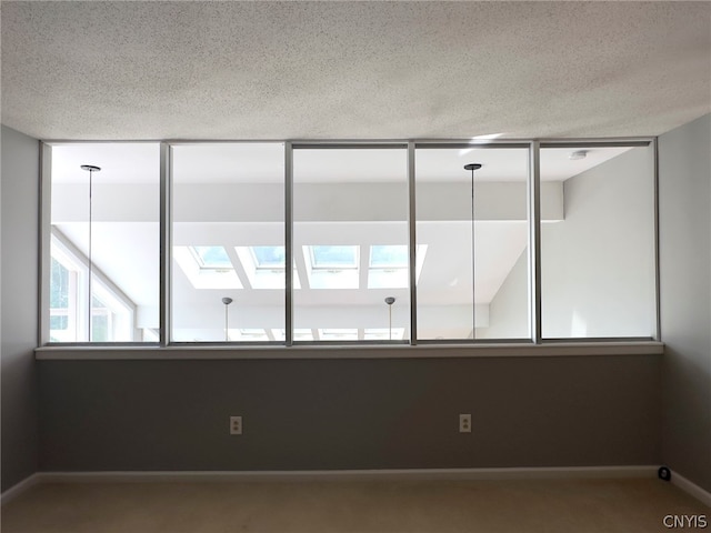 carpeted spare room with a textured ceiling, a wealth of natural light, and a skylight