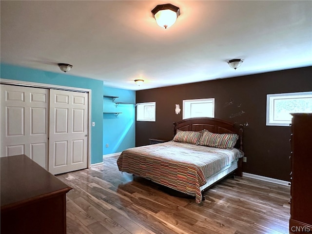 bedroom with a closet, multiple windows, and hardwood / wood-style flooring