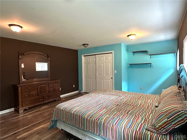 bedroom featuring wood-type flooring and a closet