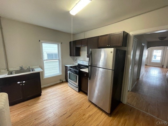 kitchen featuring a healthy amount of sunlight, sink, light hardwood / wood-style floors, and stainless steel appliances