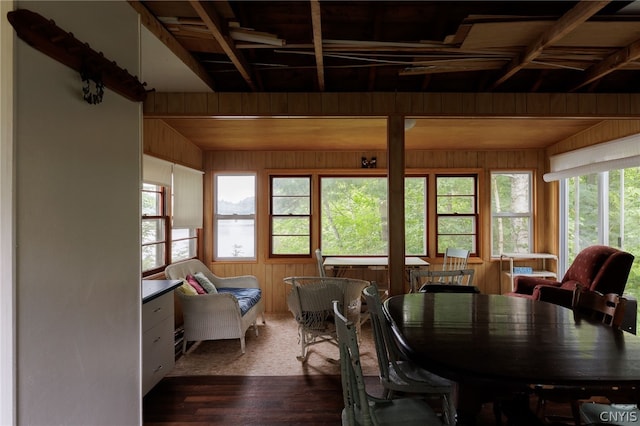 dining space featuring dark hardwood / wood-style floors and wood walls