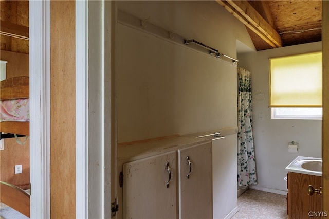 interior details with light carpet, vanity, and wooden ceiling