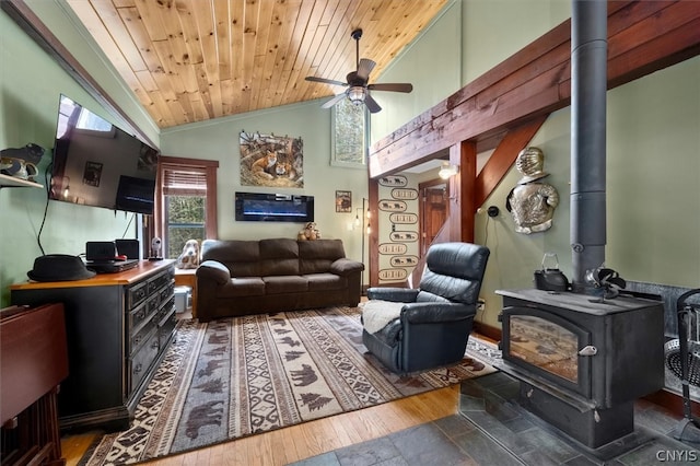 living room with a wood stove, ceiling fan, wood ceiling, high vaulted ceiling, and wood-type flooring