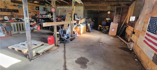 basement with a workshop area