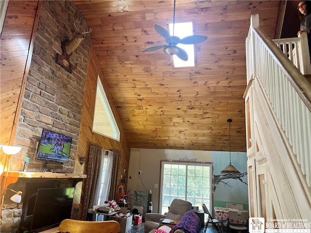 unfurnished living room with wooden ceiling, high vaulted ceiling, and a ceiling fan