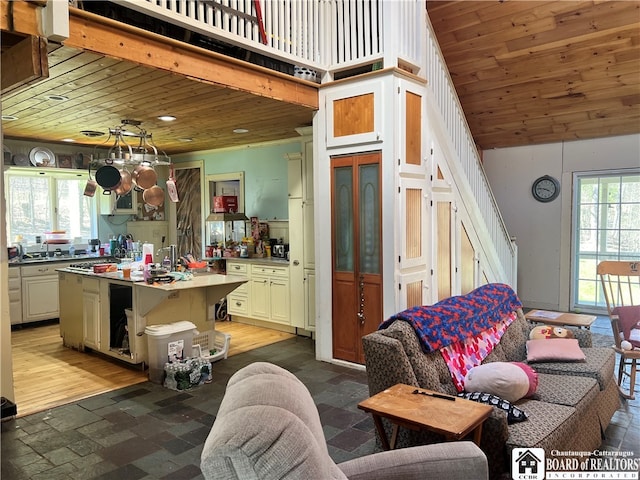 living room featuring wooden ceiling, dark hardwood / wood-style floors, and plenty of natural light