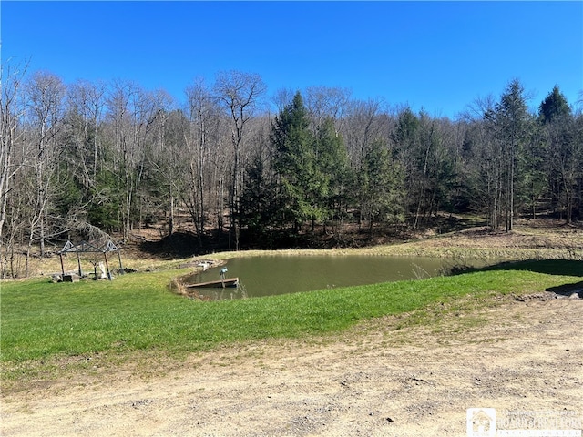 view of property's community with a water view, a lawn, and a view of trees