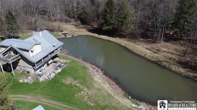 bird's eye view with a water view and a forest view