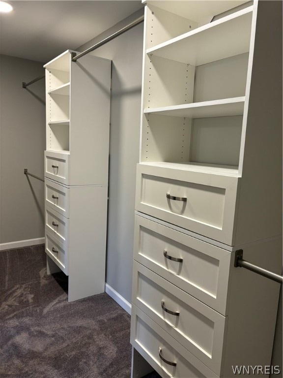 spacious closet featuring dark carpet