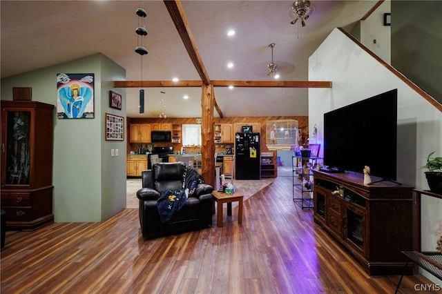 living room with high vaulted ceiling, ceiling fan, dark hardwood / wood-style floors, and beam ceiling