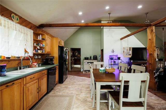 kitchen with lofted ceiling with beams, black appliances, sink, and light tile flooring