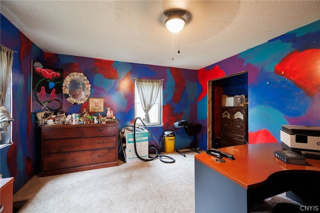 office space featuring light carpet and a textured ceiling