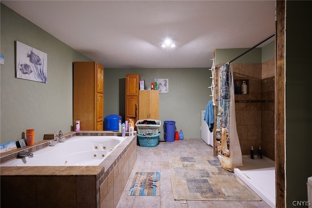 bathroom featuring walk in shower and tile floors