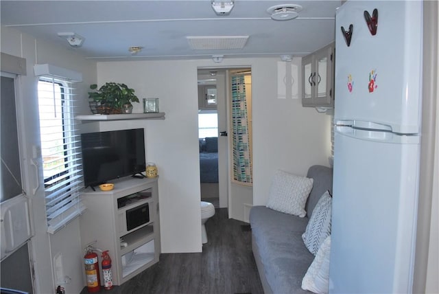 living room featuring dark wood-type flooring