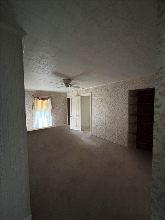 empty room with ceiling fan and carpet flooring