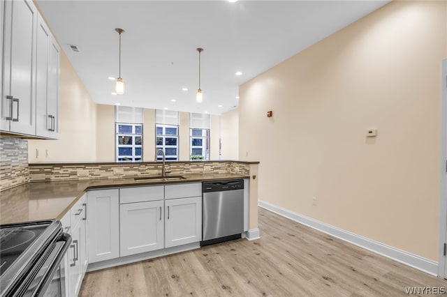 kitchen featuring tasteful backsplash, light hardwood / wood-style floors, dishwasher, and sink