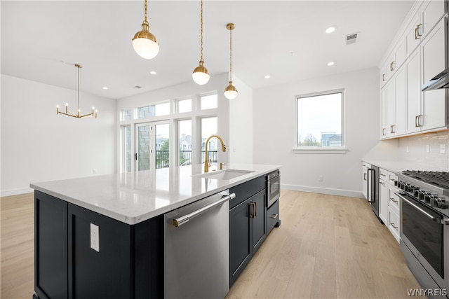 kitchen featuring appliances with stainless steel finishes, white cabinets, light hardwood / wood-style floors, tasteful backsplash, and a center island with sink