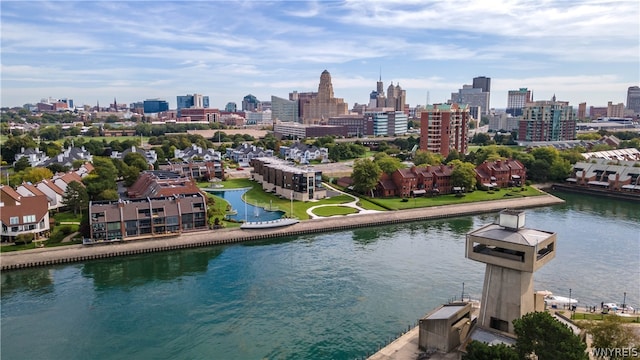 drone / aerial view featuring a water view