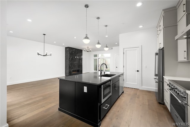 kitchen featuring appliances with stainless steel finishes, an island with sink, sink, and light wood-type flooring