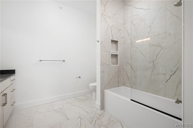 full bathroom with tile flooring, vanity, tiled shower / bath combo, and toilet