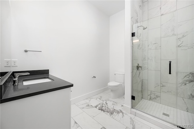 bathroom featuring a shower with door, toilet, tile flooring, and vanity