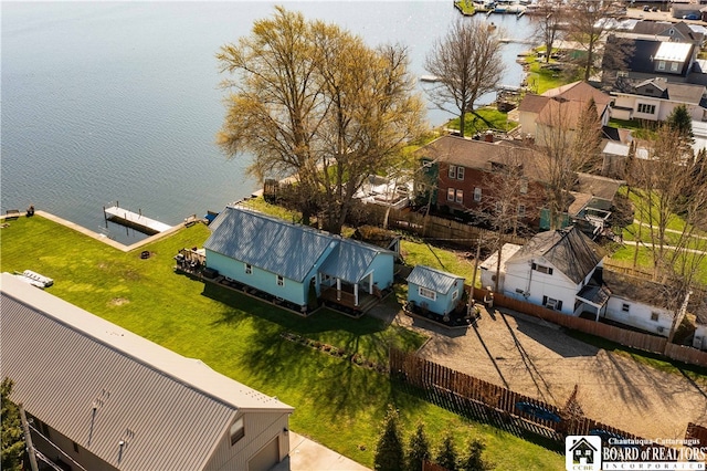 drone / aerial view with a water view