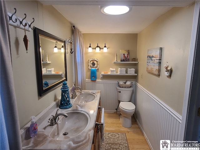 bathroom featuring dual sinks, wood-type flooring, toilet, and large vanity