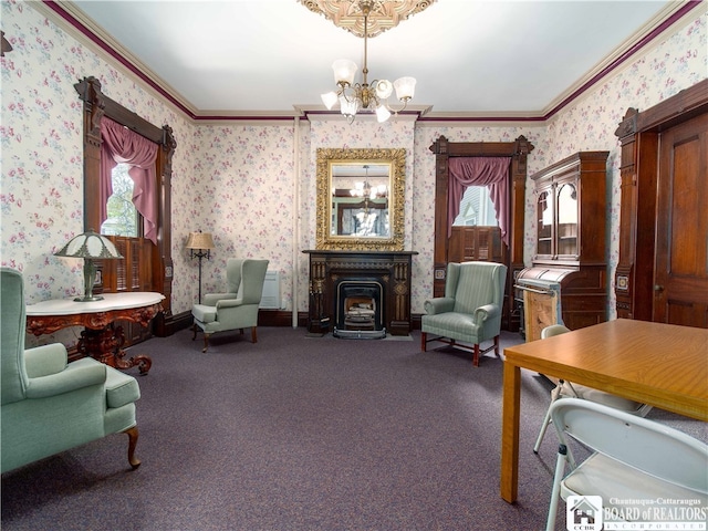 living area with plenty of natural light, crown molding, carpet flooring, and an inviting chandelier