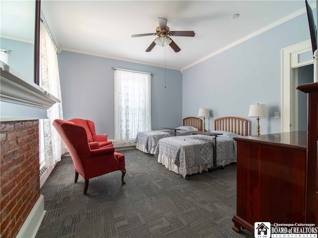 carpeted bedroom with ornamental molding and ceiling fan