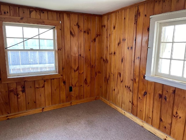 carpeted empty room with wooden walls