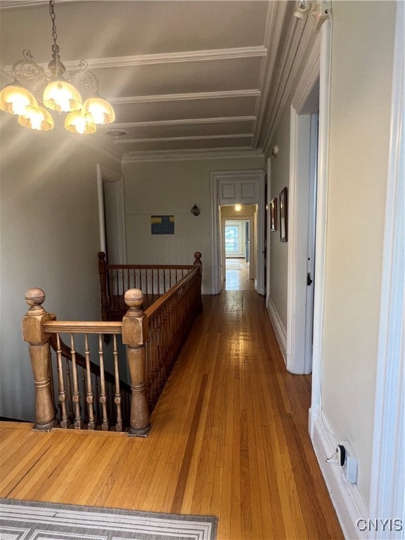 hall with a notable chandelier, ornamental molding, and hardwood / wood-style flooring