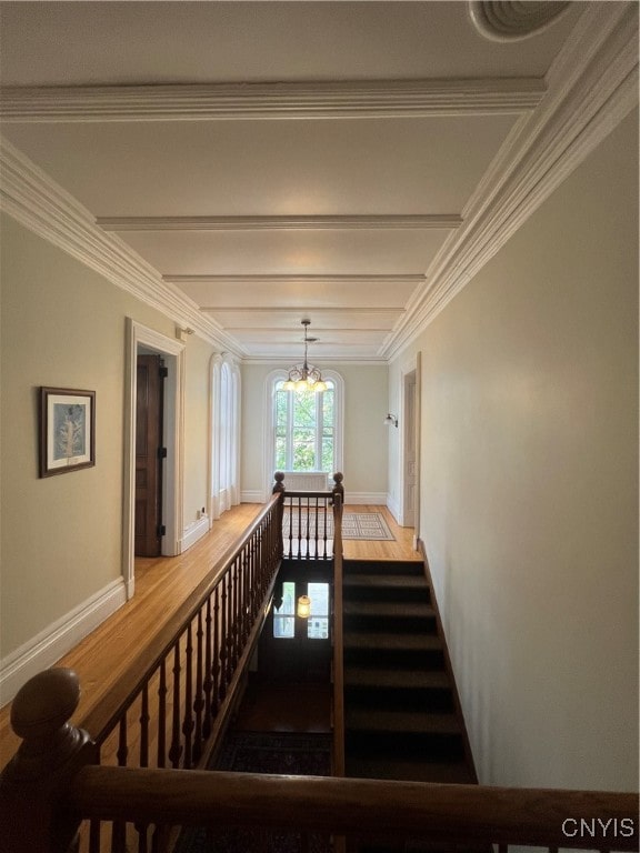 stairway with wood-type flooring, ornamental molding, and a chandelier