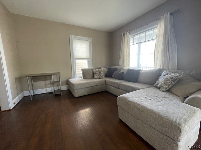 living room with dark hardwood / wood-style flooring